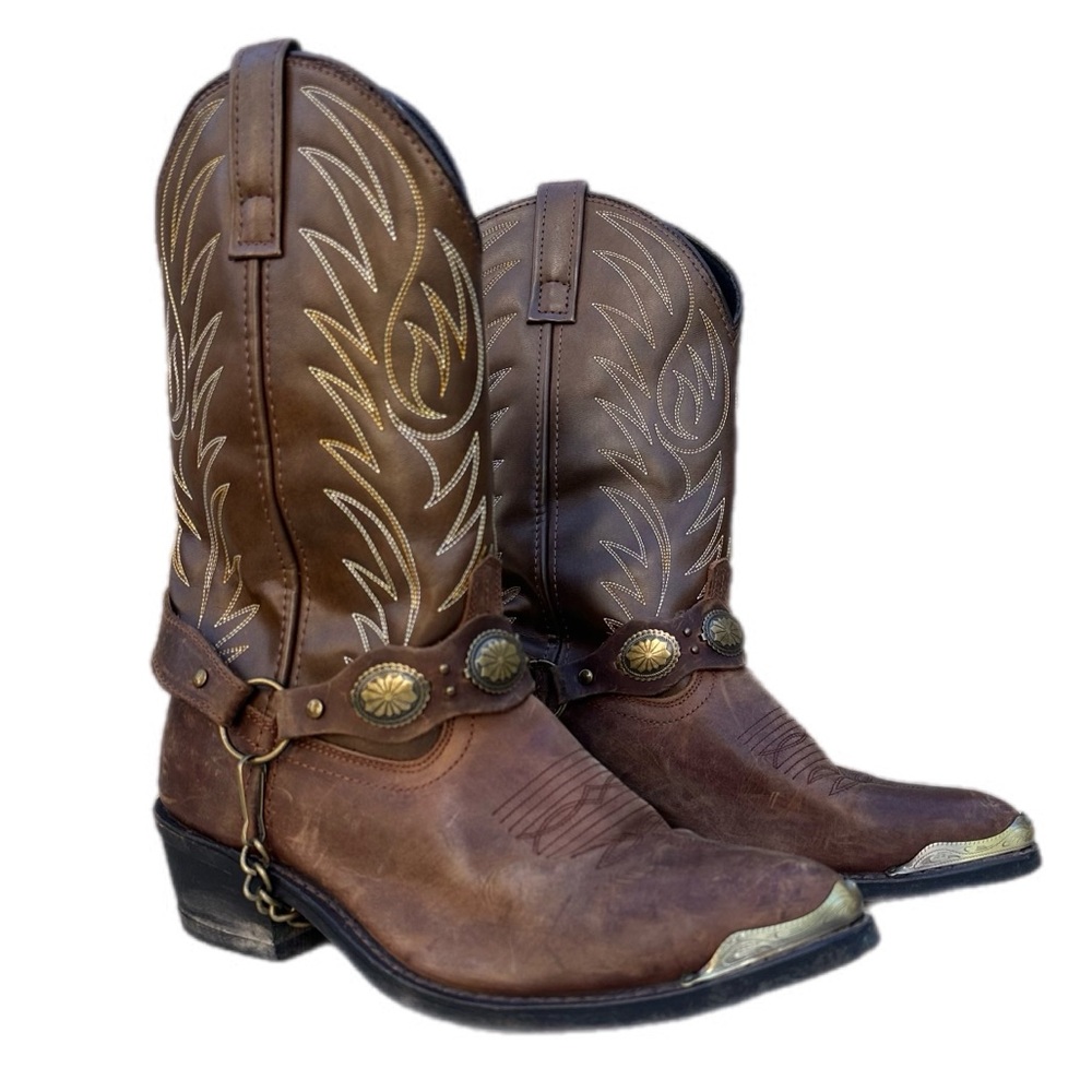 Laredo Men’s Brown Leather Western Boots Concho Harness Metal Toe Size 8 EW